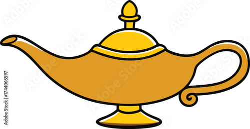 Golden genie lamp vintage arabian magic wish illusion fantasy vector illustration scalable transparent background