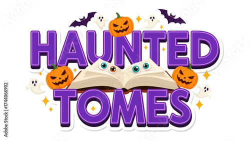 Haunted Tomes Halloween Theme: Spooky illustrated sign for Halloween, evoking the spirit of the season. Featuring a creative design that embodies the haunted tome concept. 