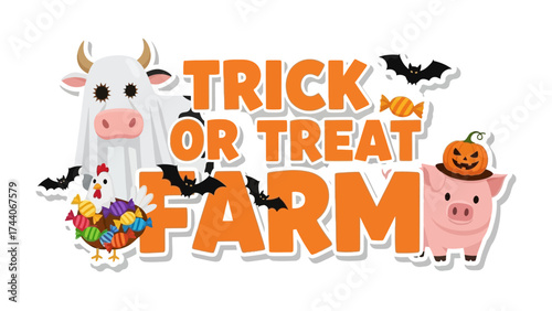 Halloween Farm Adventure: Cute farm animals in spooky costumes are getting ready for trick or treat at the farm on a Halloween night.