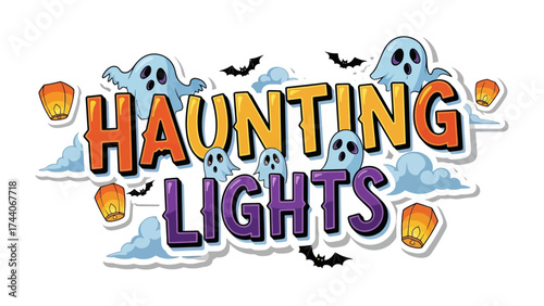 Haunting Lights: Captivating image of glowing specters, hovering around the night and spooky floating lanterns for Halloween festivities.