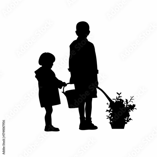 Silhouette of a young student watering school garden plants isolated on white background