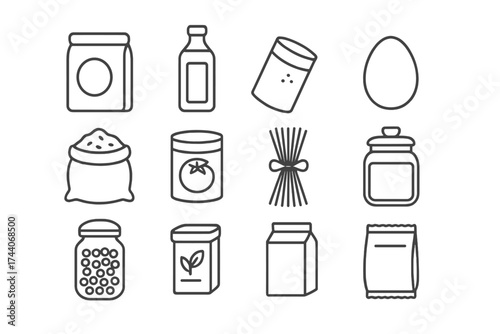Pantry Staples Icons. Line style icons of pantry staples: flour bag, oil bottle, salt box, egg; rice sack, canned tomato, dry