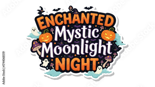 Enchanted Mystic Moonlight Night: A whimsical illustration of a magical night scene, with pumpkins, ghosts, and mushrooms under a moonlit sky, all ready for a night of spooky enchantment.