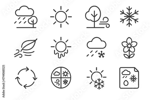 Seasonal Weather Icons. Line style icons of seasonal weather: spring rain, summer sun, autumn wind, winter snow; seasonal tree,