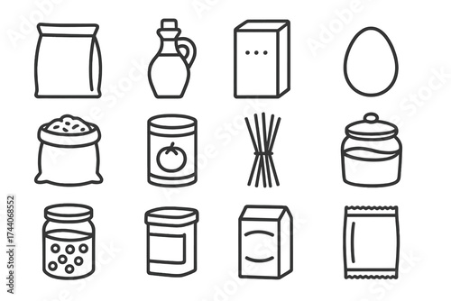Pantry Staples Icons. Line style icons of pantry staples: flour bag, oil bottle, salt box, egg; rice sack, canned tomato, dry