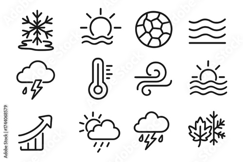 Climate Change Icons. Line style icons of climate change elements: melting snowflake, sun with heat wave, dry earth, flood line;