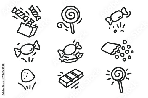 Candy in Motion Icons. Line style icons of candy in motion: candy flying out of bag, swirl in air, dropped treat, bouncing candy;