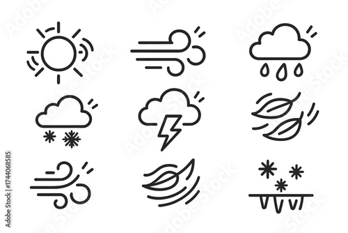 Animated Weather Icons. Line style icons of animated weather motion: sun rotating, wind swirls, raindrops falling, snow drifting;
