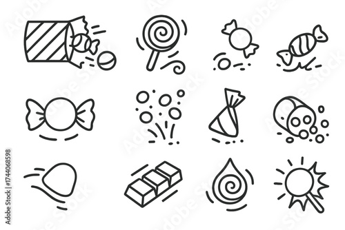 Candy in Motion Icons. Line style icons of candy in motion: candy flying out of bag, swirl in air, dropped treat, bouncing candy;