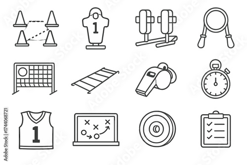 Football Training Icons. Line style icons of football training and drills: cone drill, tackling dummy, blocking sled, resistance