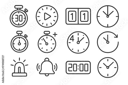 Game Time Icons. Line style icons of game time and clocks: countdown timer, play clock, scoreboard display, halftime icon;