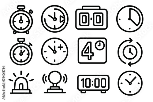 Game Time Icons. Line style icons of game time and clocks: countdown timer, play clock, scoreboard display, halftime icon;
