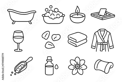 Luxurious Bath Icons. Line style icons of luxurious bath elements: clawfoot tub, bubble bath, floating candle, bath tray; glass of