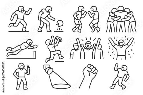 Iconic Celebration Moments. Line style icons of celebration and highlight moments: touchdown dance, helmet spike, chest bump, team