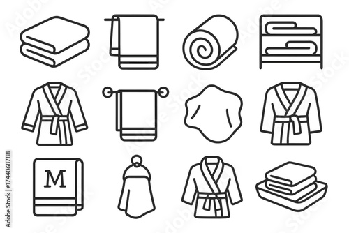 Towel Line Icons. Line style icons of towel and linen items: folded towel, hanging towel, rolled towel, towel stack; spa robe,