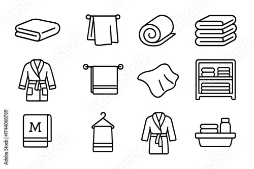 Towel Line Icons. Line style icons of towel and linen items: folded towel, hanging towel, rolled towel, towel stack; spa robe,