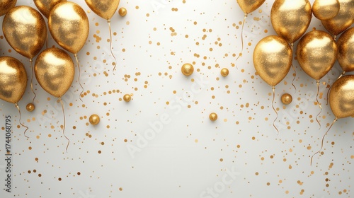 Fototapeta Naklejka Na Ścianę i Meble -  Golden balloons and confetti arranged on a white background. Ideal for milestone celebrations, anniversaries, or birthday parties. Ample copy space available.