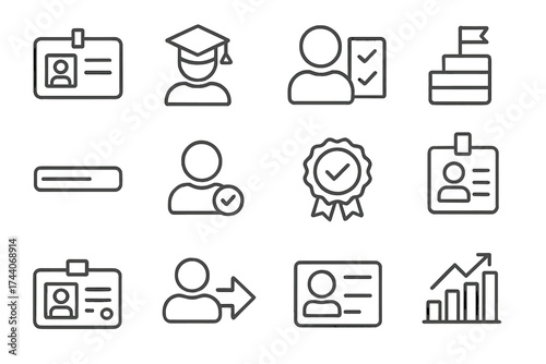 Student Progress Icons. Line style icons of student identification and progress: ID card, profile with cap, user checklist, level