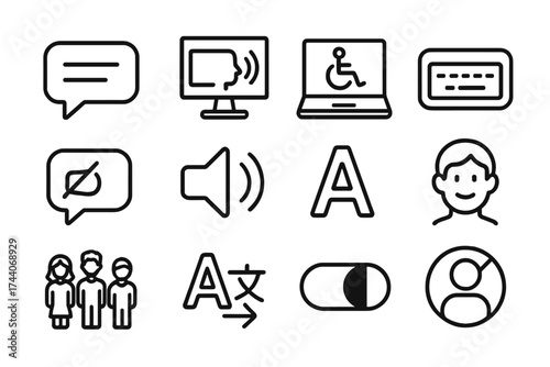 Accessibility Line Icons. Line style icons of accessibility and inclusivity: subtitles icon, screen reader, accessible laptop,