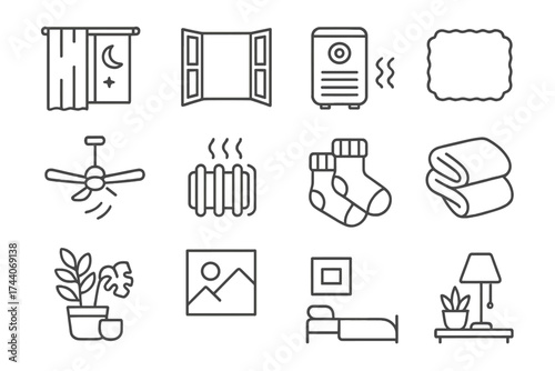 Sleep Environment Icons. Line style icons of sleep environment: blackout curtain, open window, air purifier, soft rug; ceiling fan