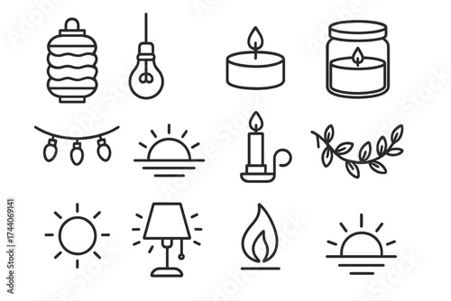 Ambient Lighting Icons. Line style icons of ambient lighting and decor: paper lantern, hanging bulb, tea light, candle in jar;