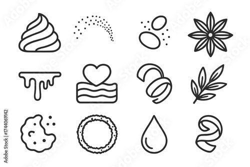 Seasonal Garnish Icons. Line style icons of seasonal garnish and toppers: whipped cream swirl, cinnamon dust, nutmeg pinch, star