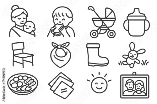 Family Picnic Icons. Line style icons of family-friendly picnic: baby in wrap, kid with sandwich, stroller with blanket, sippy cup