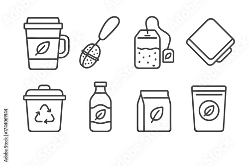 Sustainable Tea Icons. Line style icons of sustainable tea habits: reusable mug, metal strainer, loose tea bag, cloth napkin;
