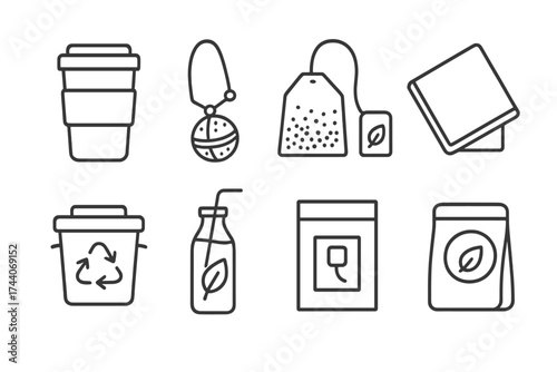Sustainable Tea Icons. Line style icons of sustainable tea habits: reusable mug, metal strainer, loose tea bag, cloth napkin;
