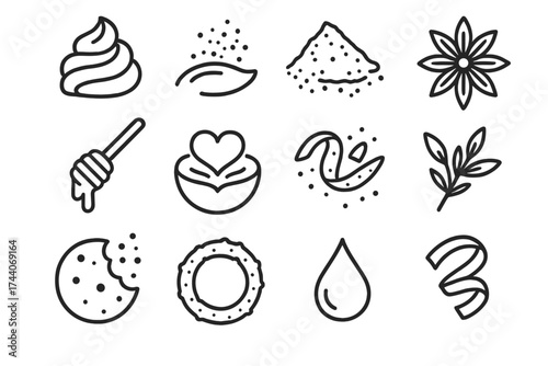 Seasonal Garnish Icons. Line style icons of seasonal garnish and toppers: whipped cream swirl, cinnamon dust, nutmeg pinch, star