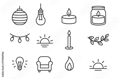 Ambient Lighting Icons. Line style icons of ambient lighting and decor: paper lantern, hanging bulb, tea light, candle in jar;