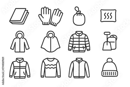 Winter Survival Icons. Line style icons of emergency winter wear: emergency blanket, backup gloves, windbreaker pouch, thermal