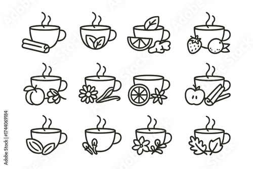 Tea Flavor Icons. Line style icons of favorite tea flavors: cinnamon chai, mint green, lemon ginger, berry blend; peach rooibos,