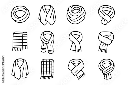 Stylish Scarf Icons. Line style icons of stylish scarves and wraps: infinity scarf, blanket wrap, oversized knit, twisted loop;