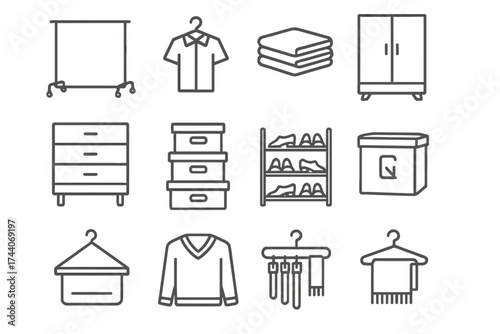 Clothing Storage Icons. Line style icons of clothing storage: clothes rack, hanger with shirt, folded clothes, wardrobe with doors