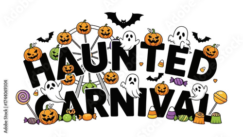Haunted Carnival Fun: A whimsical illustration that sets the stage for a spooky yet playful celebration. Pumpkins, ghosts, and sweets come together to create an eye-catching.