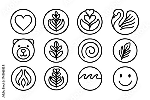 Latte Art Icons. Line style icons of latte art styles: heart, rosetta, tulip, swan; bear face, leaf pattern, spiral design,