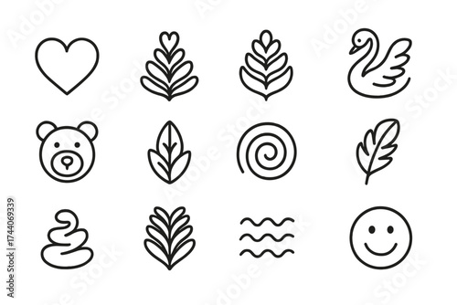 Latte Art Icons. Line style icons of latte art styles: heart, rosetta, tulip, swan; bear face, leaf pattern, spiral design,