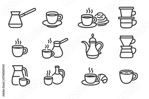 Global Coffee Icons. Line style icons of coffee around the world: Turkish coffee pot, Italian espresso, Swedish fika, Vietnamese