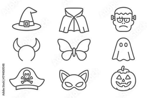 Halloween Costume Icons. Line style icons of Halloween costumes: witch hat, vampire cape, monster mask, skeleton suit; devil horns