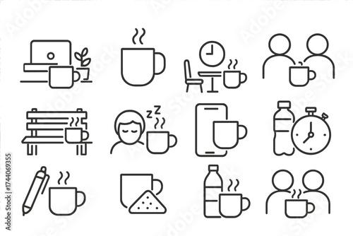 Coffee Break Icons. Line style icons of coffee break moments: office desk coffee, midday cup, break room, coffee talk; outdoor