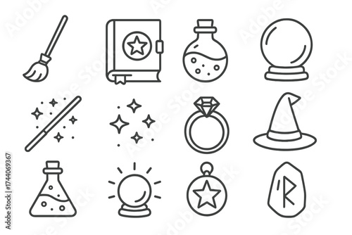 Magical Object Icons. Line style icons of magical objects: witch broom, spellbook, potion bottle, crystal ball; wand, magic dust,