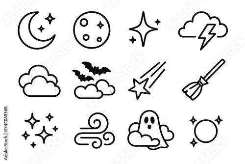 Halloween Night Icons. Line style icons of Halloween night sky: crescent moon, full moon, stars, lightning bolt; clouds, bat swarm