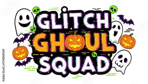 Glitch Ghoul Squad Halloween: A festive Halloween-themed illustration featuring the Glitch Ghoul Squad, pumpkins, bats, and ghosts, all against a vibrant, playful backdrop.