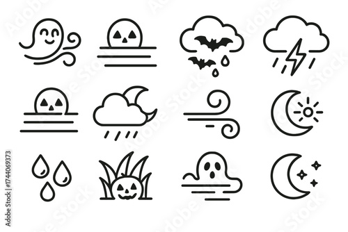 Halloween Weather Icons. Line style icons of Halloween weather: chilly breeze, fog, rain cloud, thunderbolt; mist, cloudy sky,
