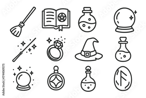 Magical Object Icons. Line style icons of magical objects: witch broom, spellbook, potion bottle, crystal ball; wand, magic dust,