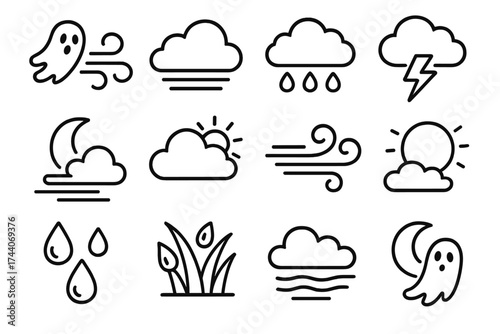 Halloween Weather Icons. Line style icons of Halloween weather: chilly breeze, fog, rain cloud, thunderbolt; mist, cloudy sky,