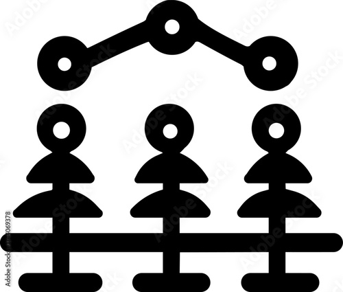 Three black figures standing in a row with a connected line graph above them