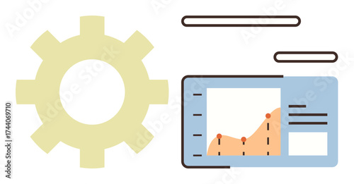 Gear symbolizing process with analytics dashboard featuring a graph and data points. Ideal for technology, data analysis, productivity, innovation, business strategy, automation, and efficiency