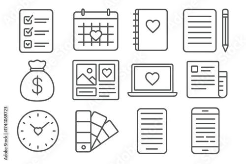 Wedding Planning Icons. Line style icons of wedding planning: checklist, calendar, planner book, pencil and notepad; wedding